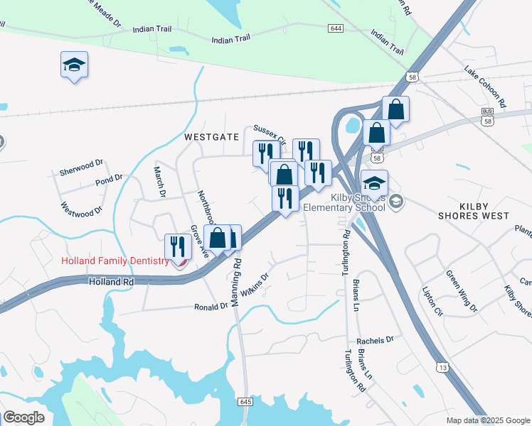 map of restaurants, bars, coffee shops, grocery stores, and more near 1532 Holland Road in Suffolk