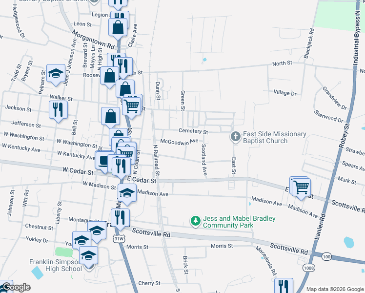 map of restaurants, bars, coffee shops, grocery stores, and more near 302-306 Mc Goodwin in Franklin