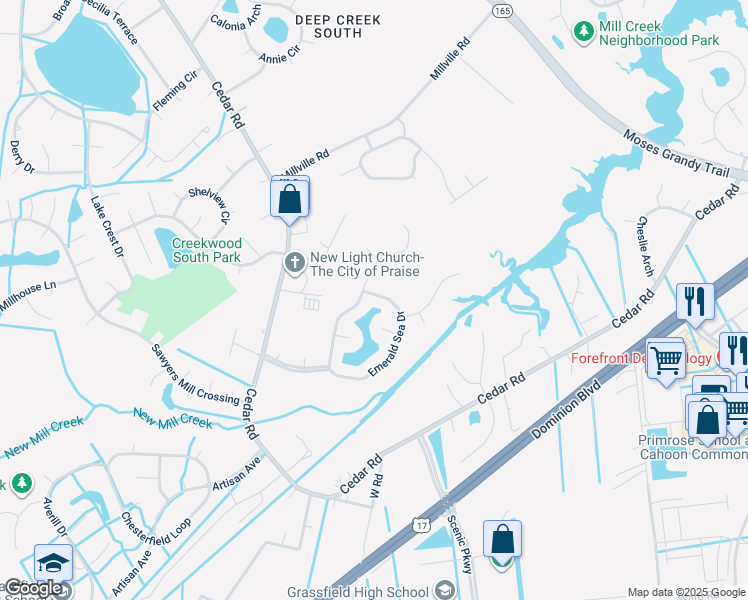 map of restaurants, bars, coffee shops, grocery stores, and more near 1824 Emerald Sea Drive in Chesapeake