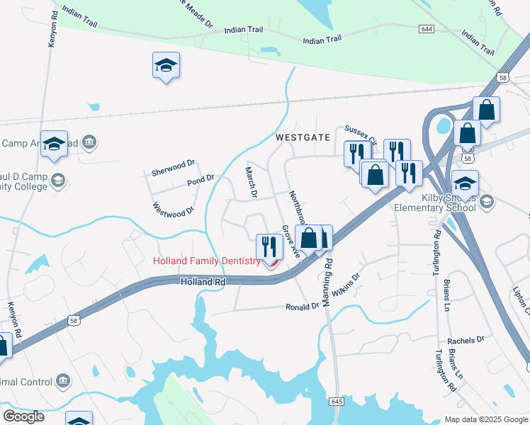 map of restaurants, bars, coffee shops, grocery stores, and more near 124 Deborah Drive in Suffolk