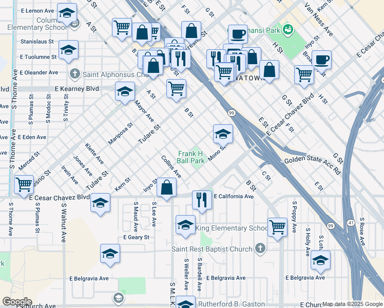 map of restaurants, bars, coffee shops, grocery stores, and more near 760 Mayor Avenue in Fresno