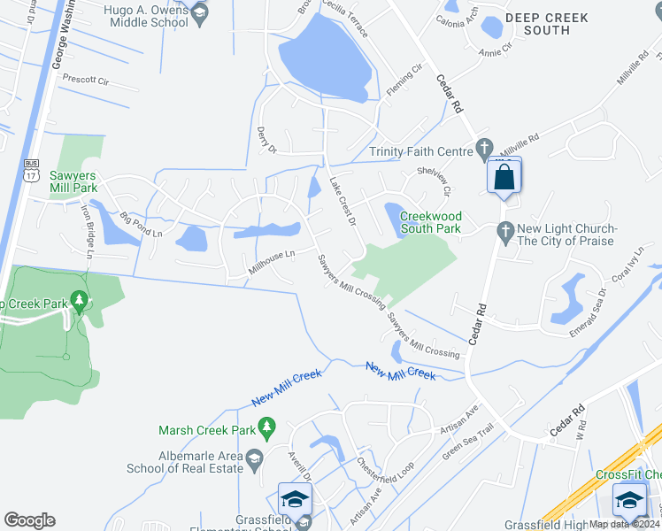 map of restaurants, bars, coffee shops, grocery stores, and more near 403 Sawyers Mill Crossing in Chesapeake