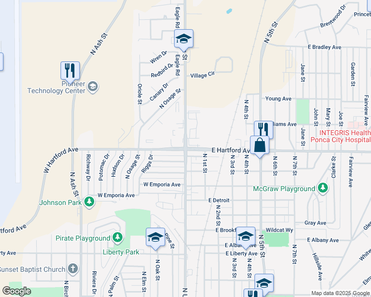 map of restaurants, bars, coffee shops, grocery stores, and more near 109 West Hartford Avenue in Ponca City