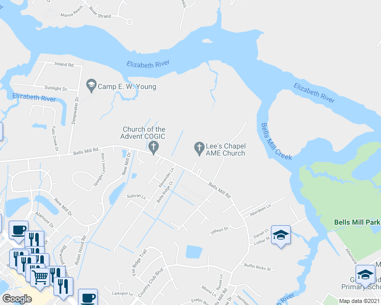 map of restaurants, bars, coffee shops, grocery stores, and more near 1056 Bells Mill Road in Chesapeake