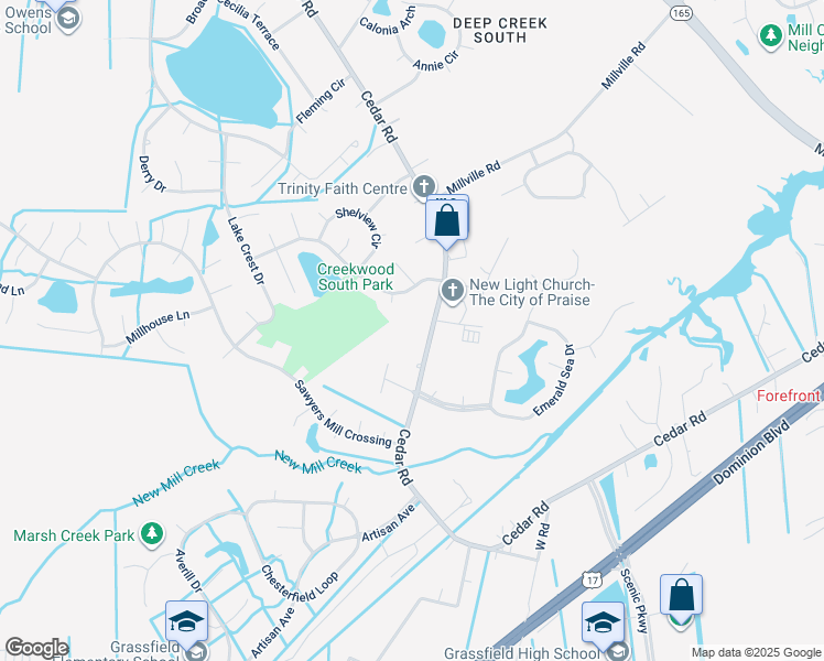 map of restaurants, bars, coffee shops, grocery stores, and more near 2339 Cedar Road in Chesapeake