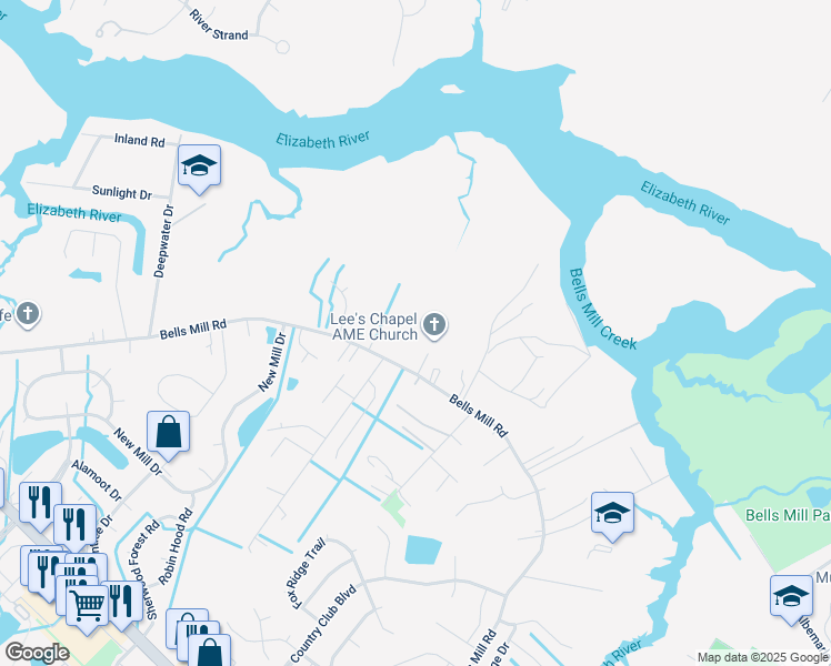 map of restaurants, bars, coffee shops, grocery stores, and more near 1056 Bells Mill Road in Chesapeake