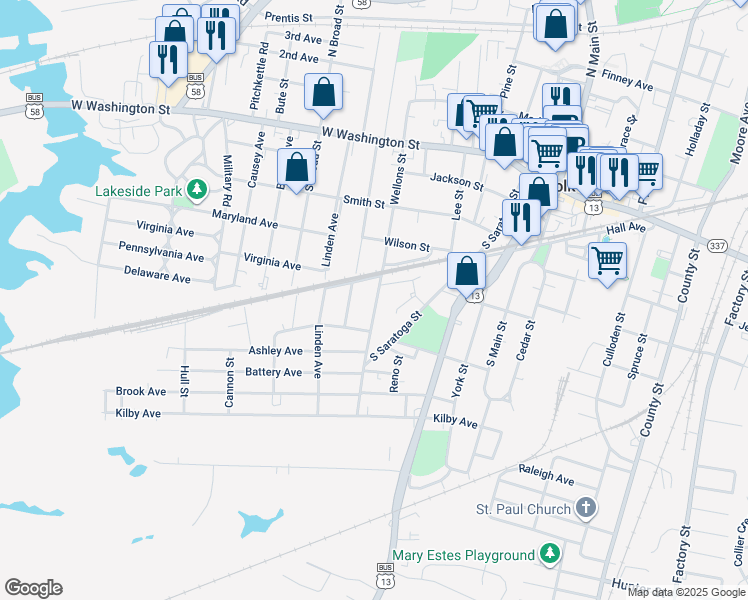 map of restaurants, bars, coffee shops, grocery stores, and more near 411 Wellons Street in Suffolk