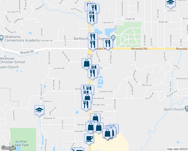 map of restaurants, bars, coffee shops, grocery stores, and more near 1900 Southeast Washington Boulevard in Bartlesville