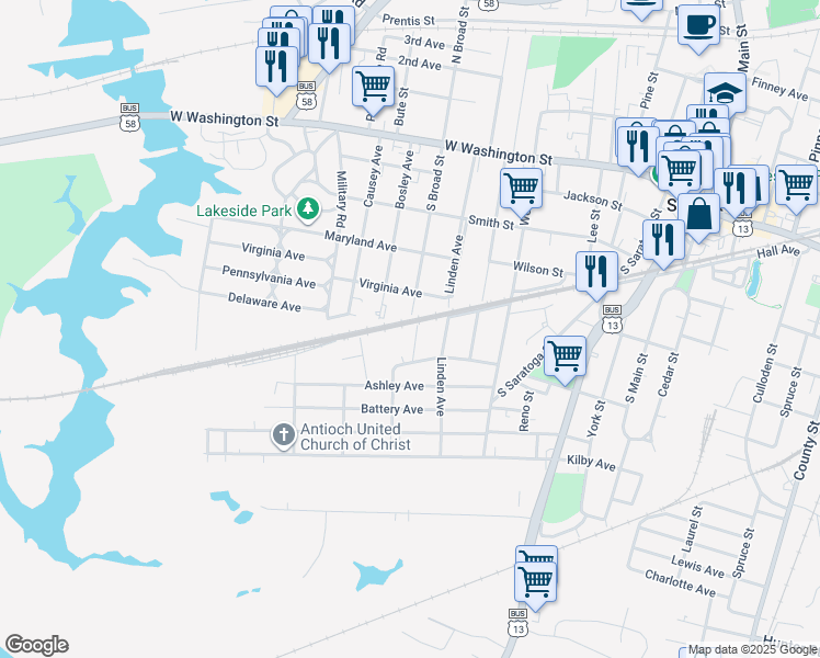 map of restaurants, bars, coffee shops, grocery stores, and more near 501 South Broad Street in Suffolk