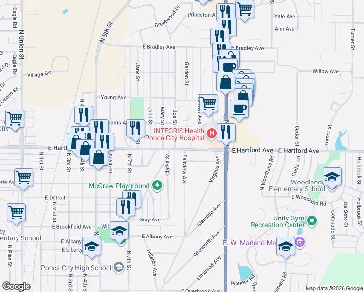 map of restaurants, bars, coffee shops, grocery stores, and more near 1113 East Hartford Avenue in Ponca City