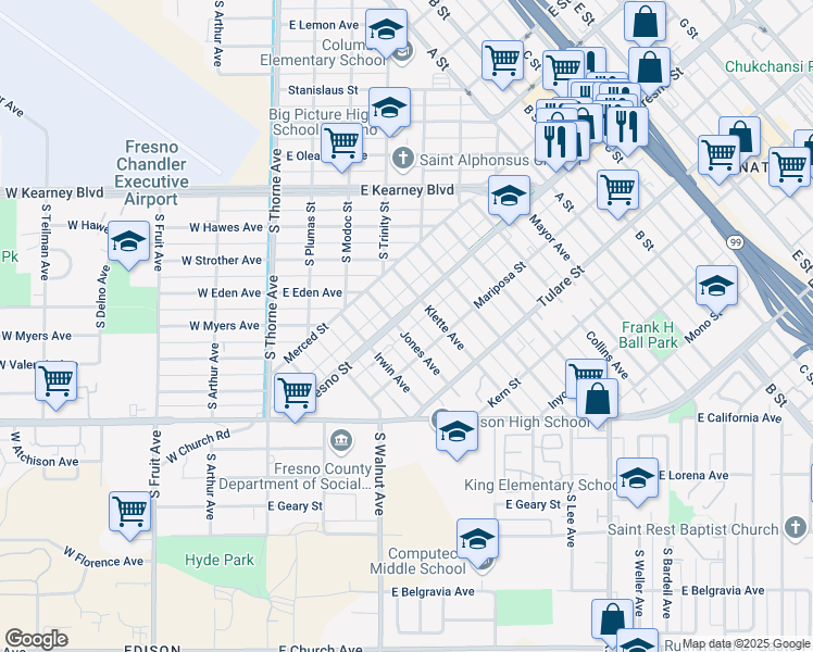 map of restaurants, bars, coffee shops, grocery stores, and more near 1150 Jones Avenue in Fresno