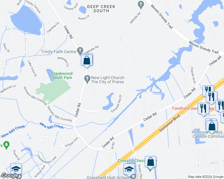 map of restaurants, bars, coffee shops, grocery stores, and more near 1824 Emerald Sea Drive in Chesapeake
