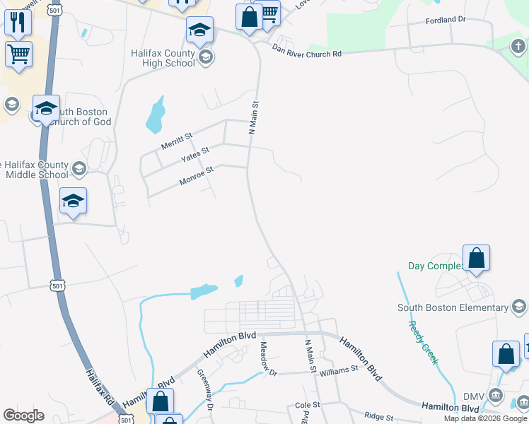 map of restaurants, bars, coffee shops, grocery stores, and more near 2901 North Main Street in South Boston