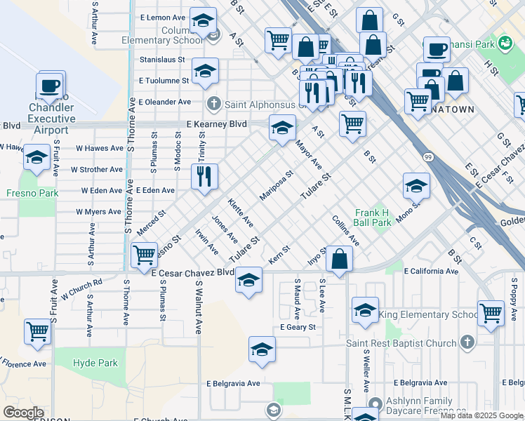 map of restaurants, bars, coffee shops, grocery stores, and more near 1045 Waterman Avenue in Fresno