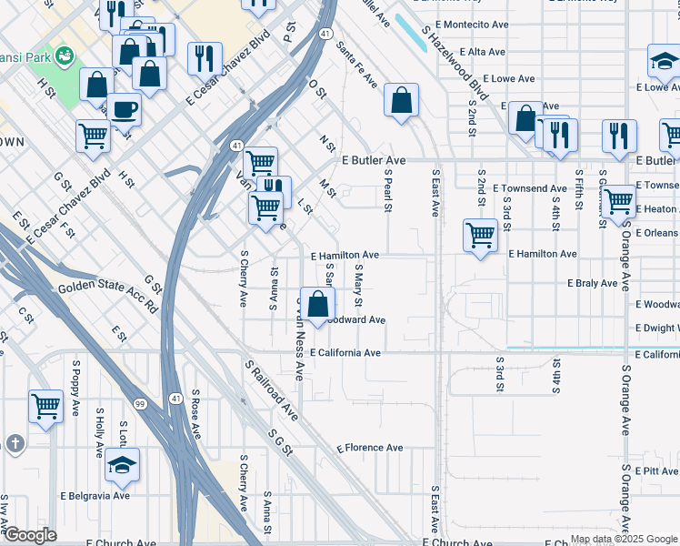 map of restaurants, bars, coffee shops, grocery stores, and more near 1820 South Mary Street in Fresno