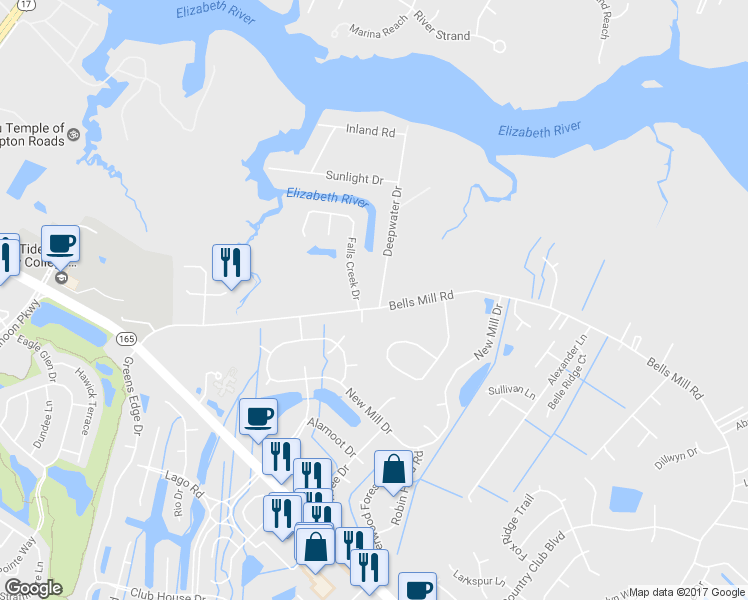 map of restaurants, bars, coffee shops, grocery stores, and more near 248 Deepwater Drive in Chesapeake