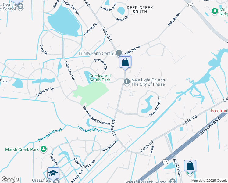 map of restaurants, bars, coffee shops, grocery stores, and more near 2339 Cedar Road in Chesapeake