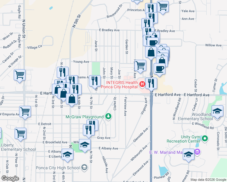 map of restaurants, bars, coffee shops, grocery stores, and more near 1905 Mary Street in Ponca City