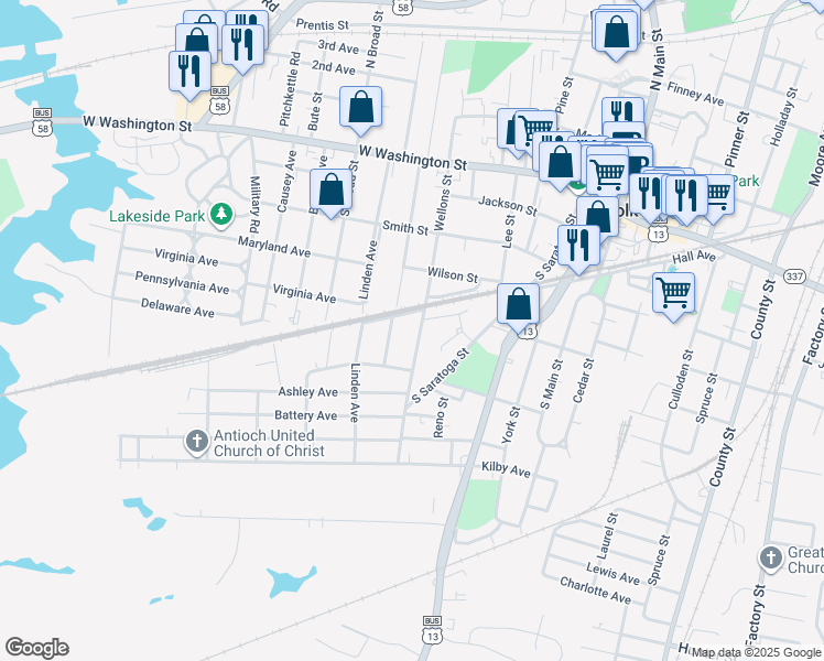 map of restaurants, bars, coffee shops, grocery stores, and more near 409 Wellons Street in Suffolk