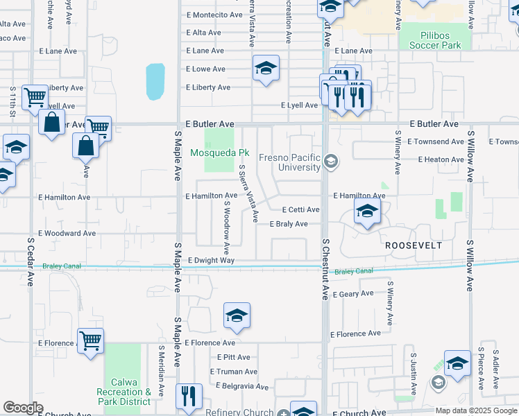 map of restaurants, bars, coffee shops, grocery stores, and more near 1909 South Sierra Vista Avenue in Fresno