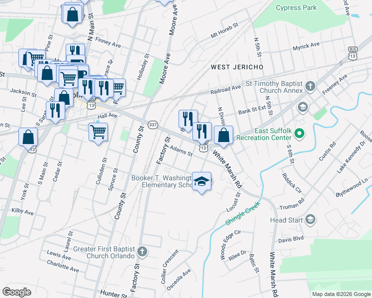 map of restaurants, bars, coffee shops, grocery stores, and more near 604 Adams Street in Suffolk
