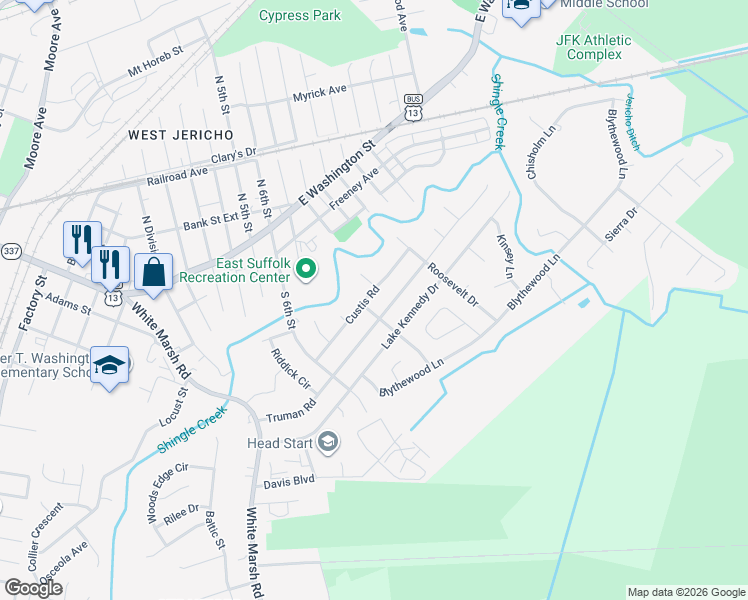 map of restaurants, bars, coffee shops, grocery stores, and more near 1100 Custis Road in Suffolk