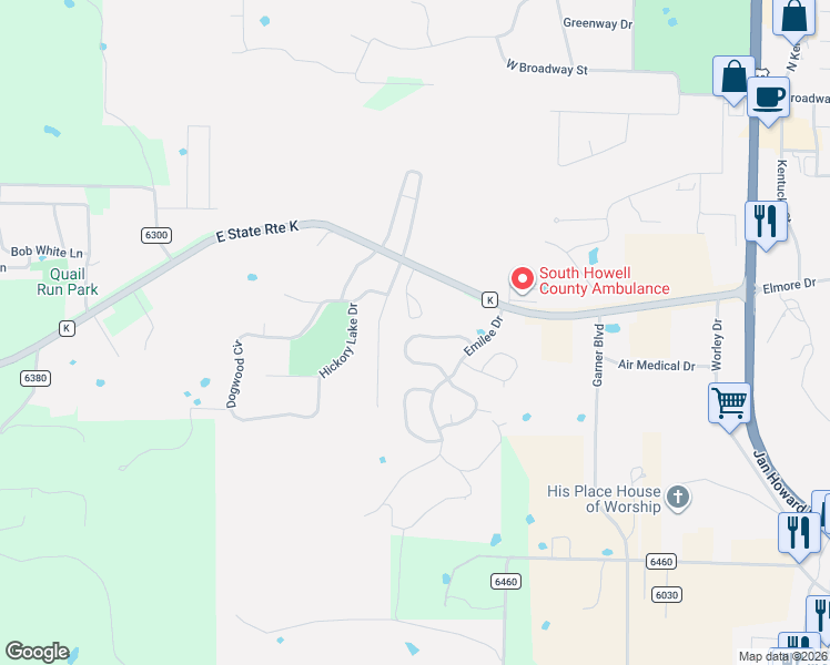 map of restaurants, bars, coffee shops, grocery stores, and more near Wild Turkey Trail in West Plains