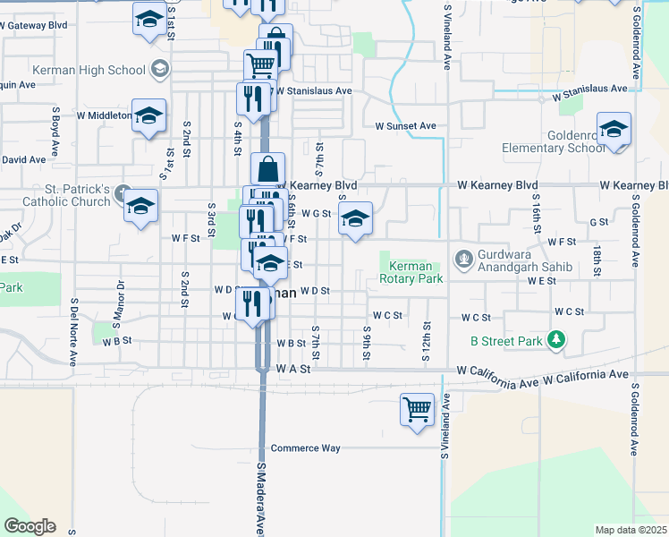 map of restaurants, bars, coffee shops, grocery stores, and more near 14747 West E Street in Kerman