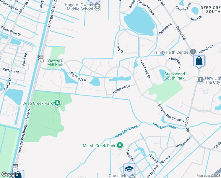 map of restaurants, bars, coffee shops, grocery stores, and more near 406 Millhouse Ct in Chesapeake