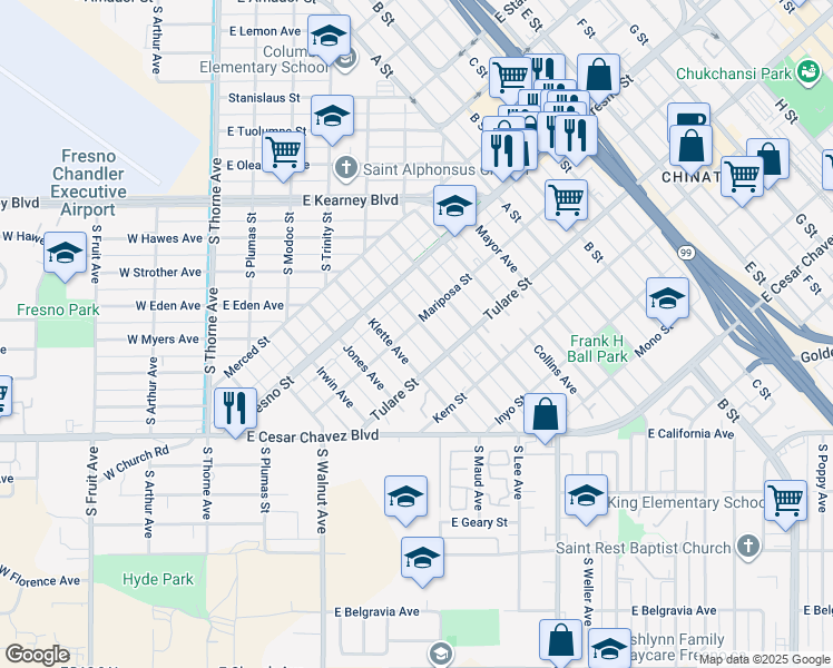 map of restaurants, bars, coffee shops, grocery stores, and more near 1045 Waterman Avenue in Fresno
