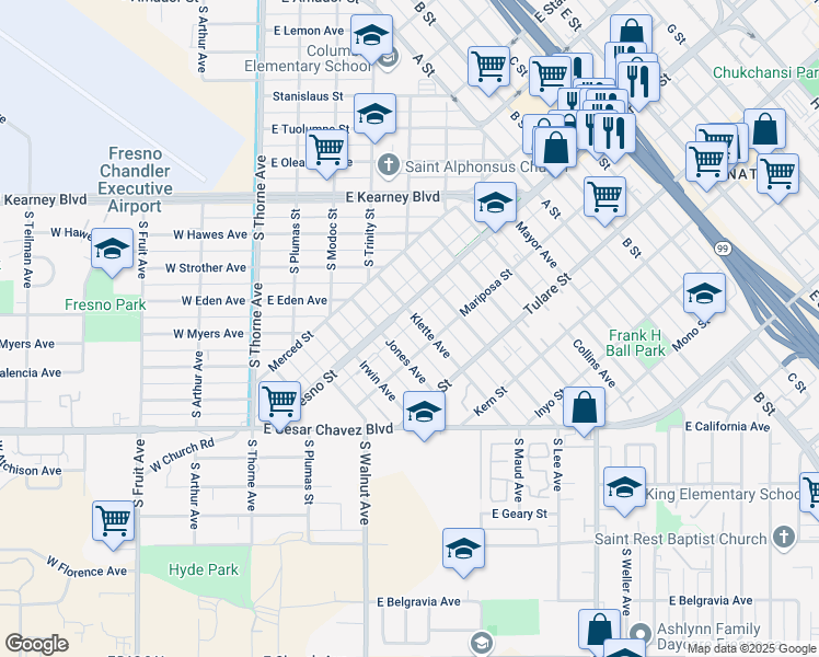 map of restaurants, bars, coffee shops, grocery stores, and more near 1116 Klette Avenue in Fresno