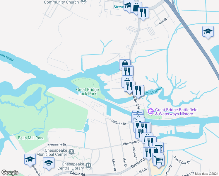 map of restaurants, bars, coffee shops, grocery stores, and more near 143 Tilden Avenue in Chesapeake