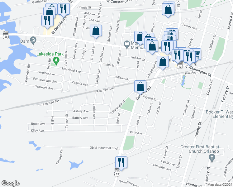 map of restaurants, bars, coffee shops, grocery stores, and more near 273 South Saratoga Street in Suffolk