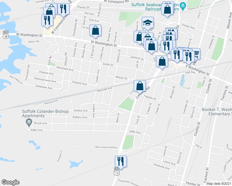 map of restaurants, bars, coffee shops, grocery stores, and more near 273 South Saratoga Street in Suffolk