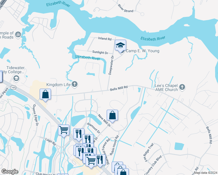 map of restaurants, bars, coffee shops, grocery stores, and more near 249 Deepwater Drive in Chesapeake