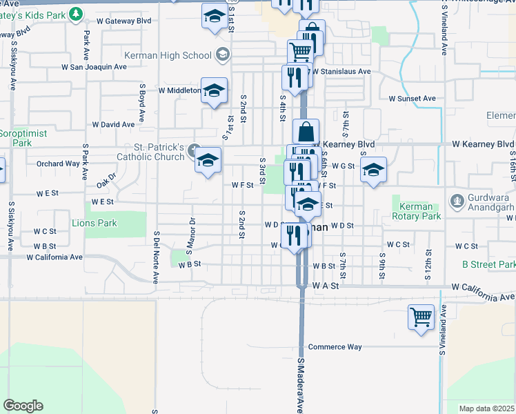 map of restaurants, bars, coffee shops, grocery stores, and more near 701 South 3rd Street in Kerman