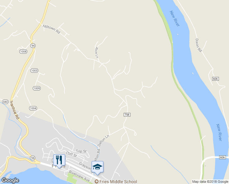 map of restaurants, bars, coffee shops, grocery stores, and more near Hilltown Road in Fries