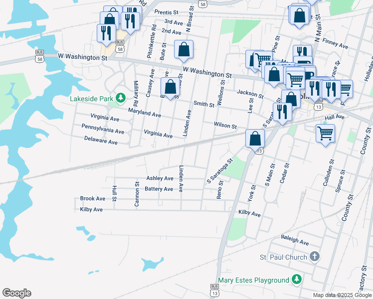 map of restaurants, bars, coffee shops, grocery stores, and more near 402 Linden Avenue in Suffolk
