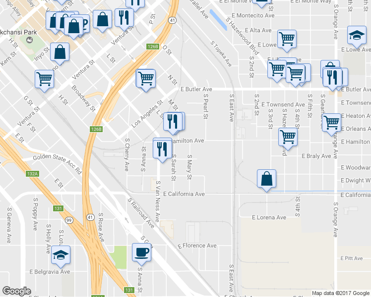 map of restaurants, bars, coffee shops, grocery stores, and more near 1820 South Mary Street in Fresno