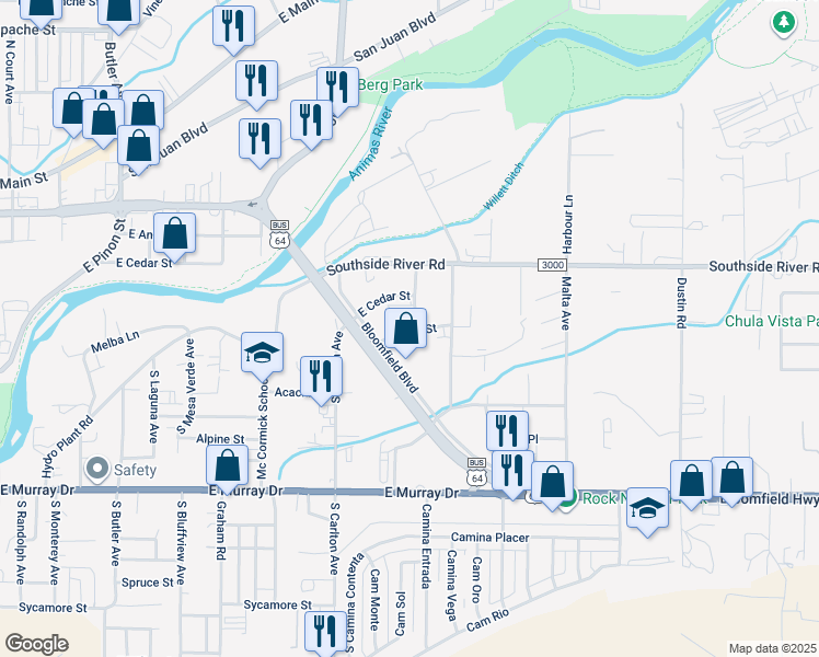 map of restaurants, bars, coffee shops, grocery stores, and more near 1650 East Elm Street in Farmington