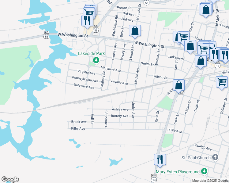 map of restaurants, bars, coffee shops, grocery stores, and more near 417 Bosley Avenue in Suffolk