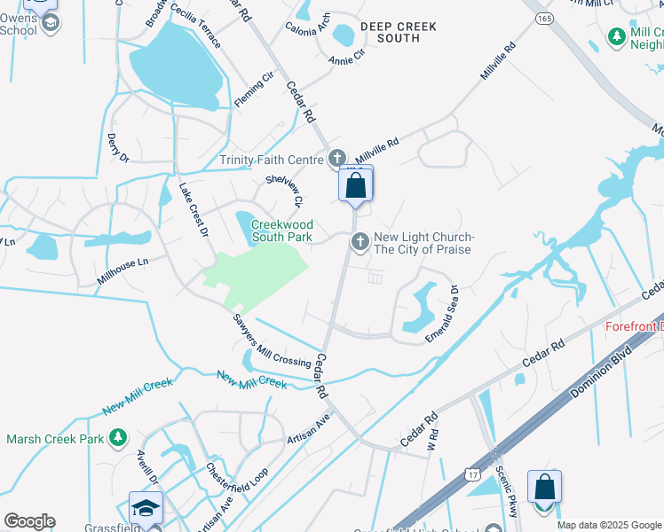 map of restaurants, bars, coffee shops, grocery stores, and more near 2349 Cedar Road in Chesapeake