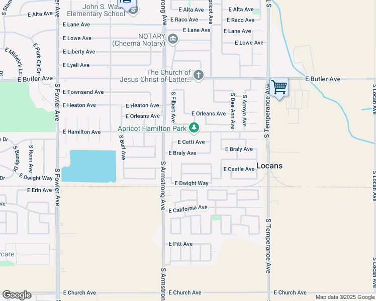 map of restaurants, bars, coffee shops, grocery stores, and more near 6568 East Braly Avenue in Fresno