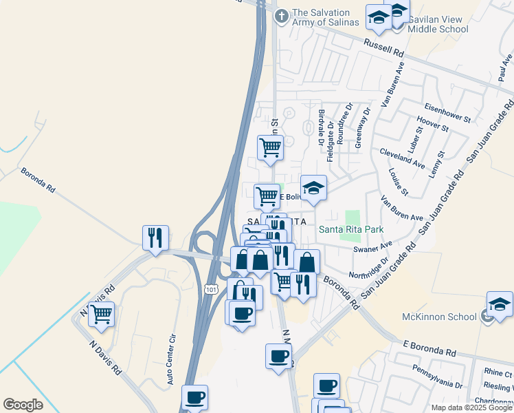 map of restaurants, bars, coffee shops, grocery stores, and more near 2103 Brutus Street in Salinas