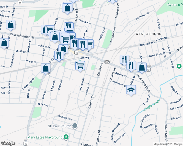 map of restaurants, bars, coffee shops, grocery stores, and more near 175 Tynes Street in Suffolk