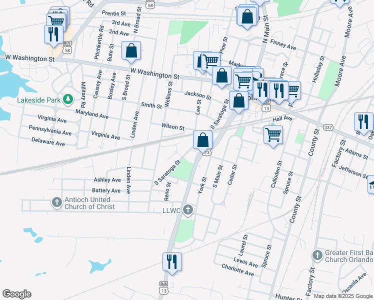 map of restaurants, bars, coffee shops, grocery stores, and more near 301-399 S Saratoga St in Suffolk