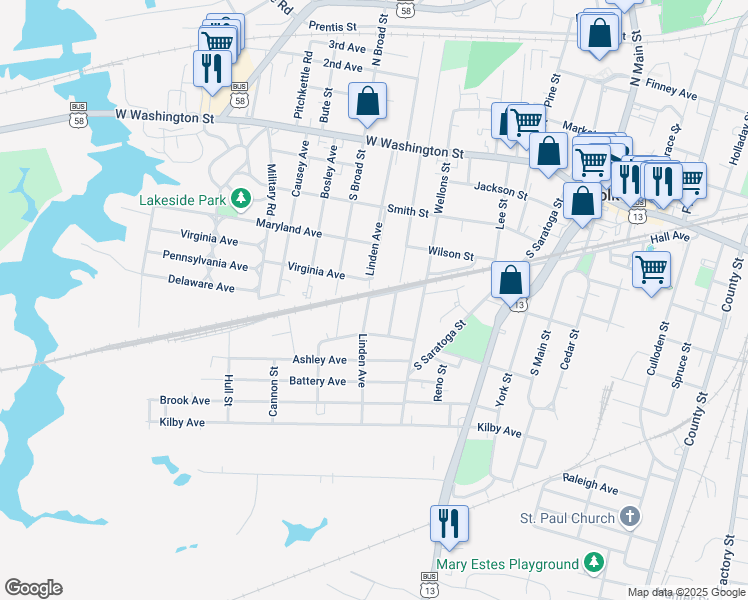 map of restaurants, bars, coffee shops, grocery stores, and more near 402 Linden Avenue in Suffolk