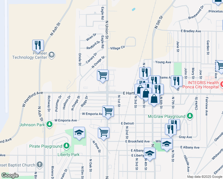 map of restaurants, bars, coffee shops, grocery stores, and more near 109 W Hartford Ave in Ponca City