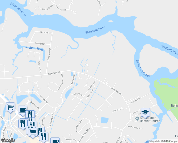 map of restaurants, bars, coffee shops, grocery stores, and more near 128 Ash Hill Landing in Chesapeake