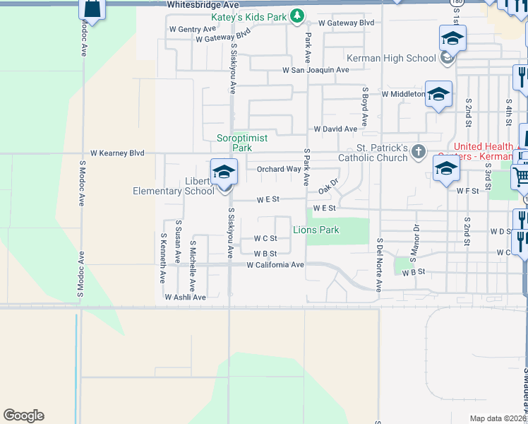 map of restaurants, bars, coffee shops, grocery stores, and more near 15878 West D Street in Kerman